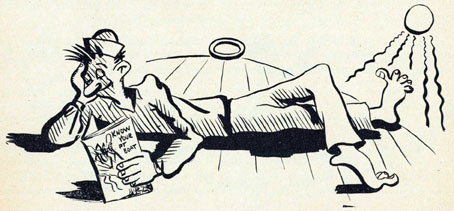 Cartoon of sailor reading Know Your PT Boat with his shoes off.